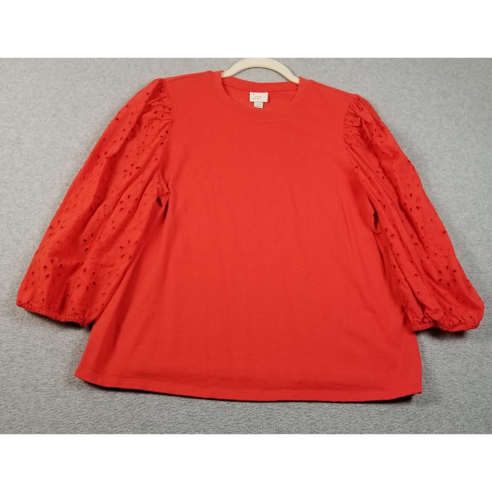 A New Day Top Women's Large L Red Eyelet 3/4 Sleeve Crew Neck Casual Blouse Knit